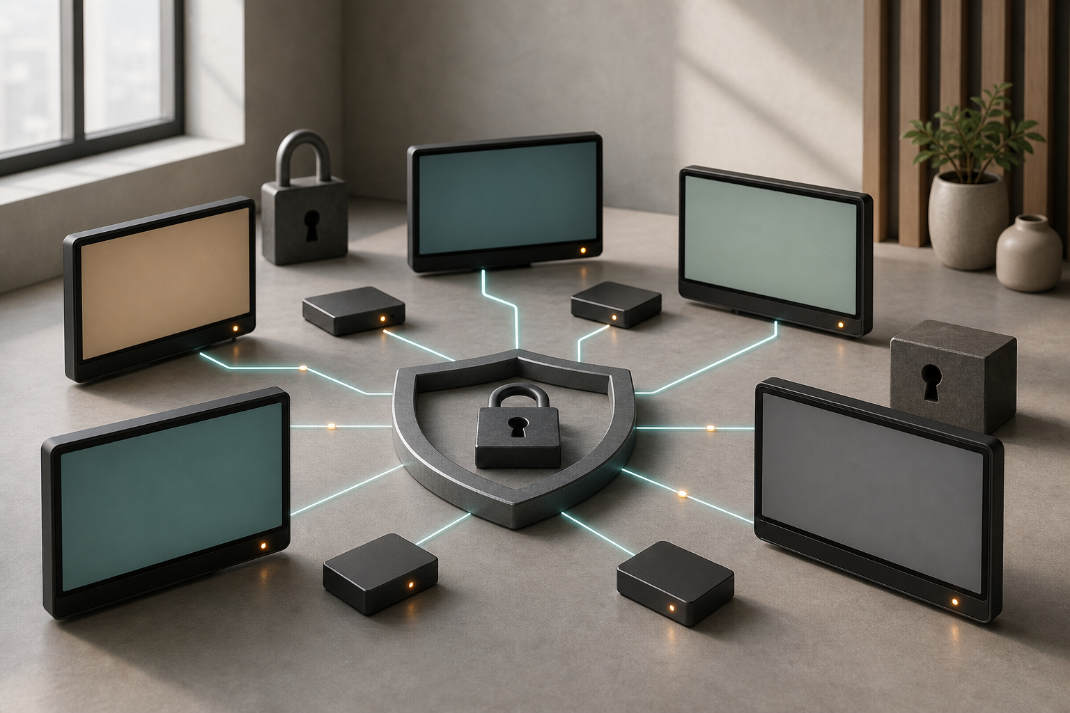 A brand-neutral fleet of blank digital displays connected through protected abstract network paths
