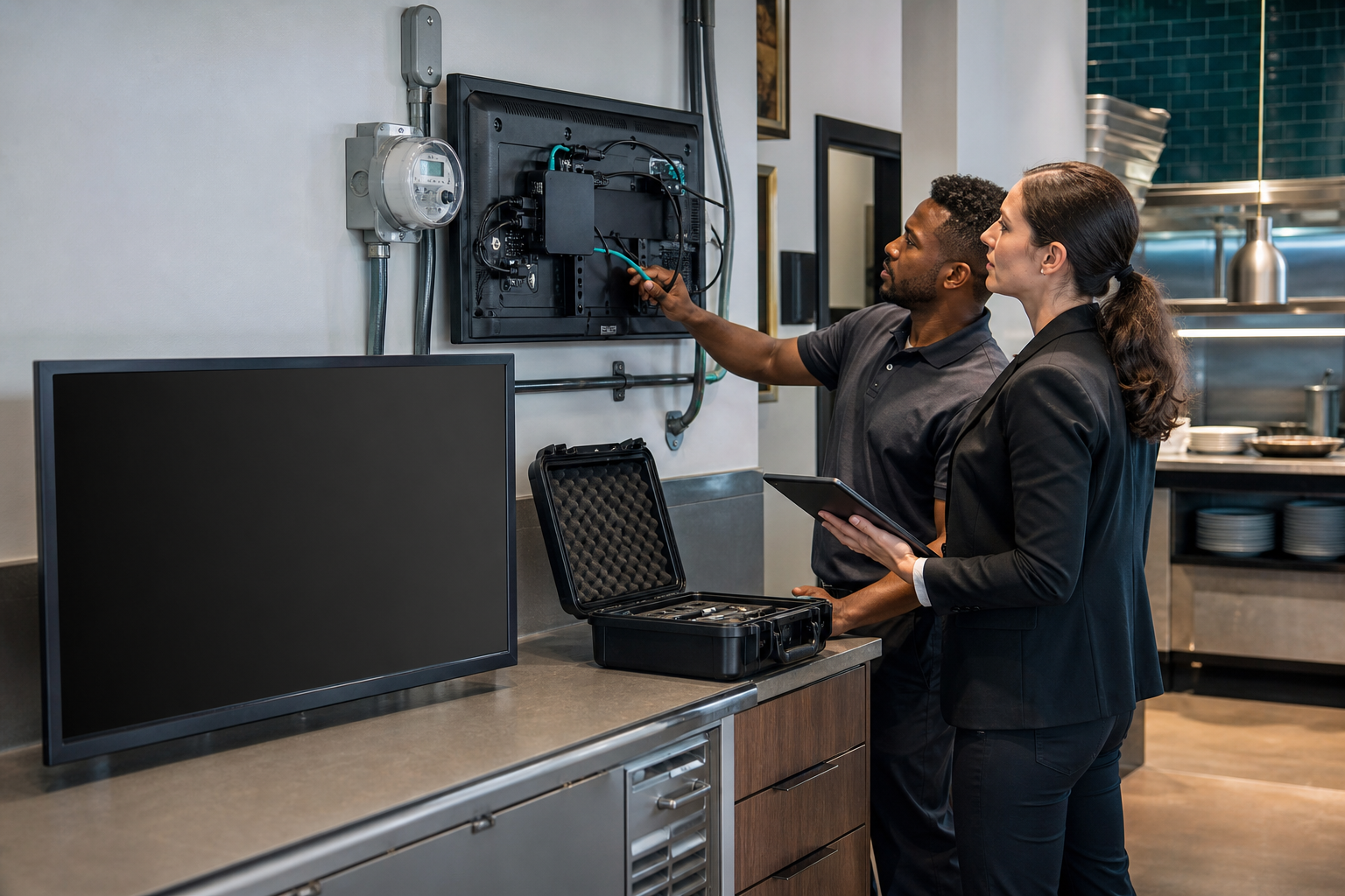 Facilities and operations staff inspecting generic digital signage hardware