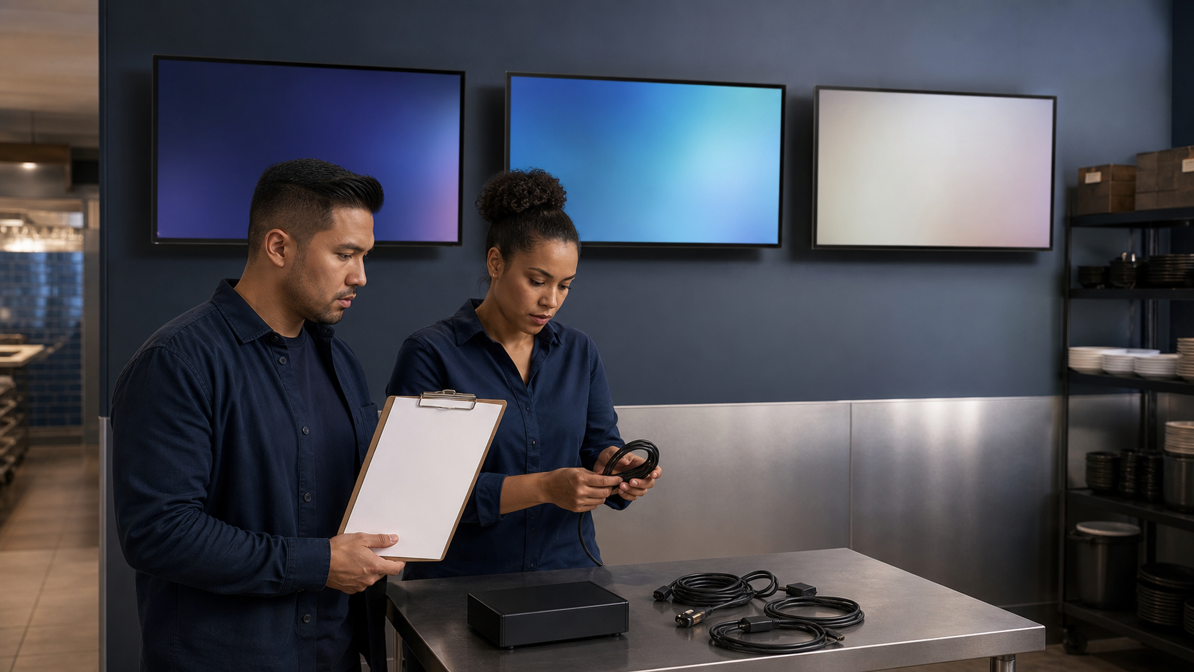 Operations technicians preparing a controlled maintenance window for generic digital displays