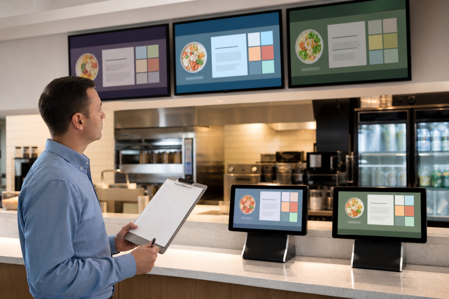 Operator comparing abstract brand-neutral menu content across five digital displays