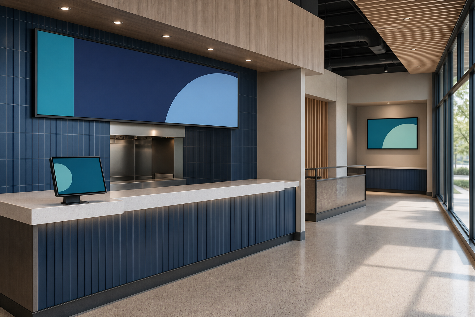 An empty restaurant service area with three unbranded displays in overhead, counter, and pickup positions